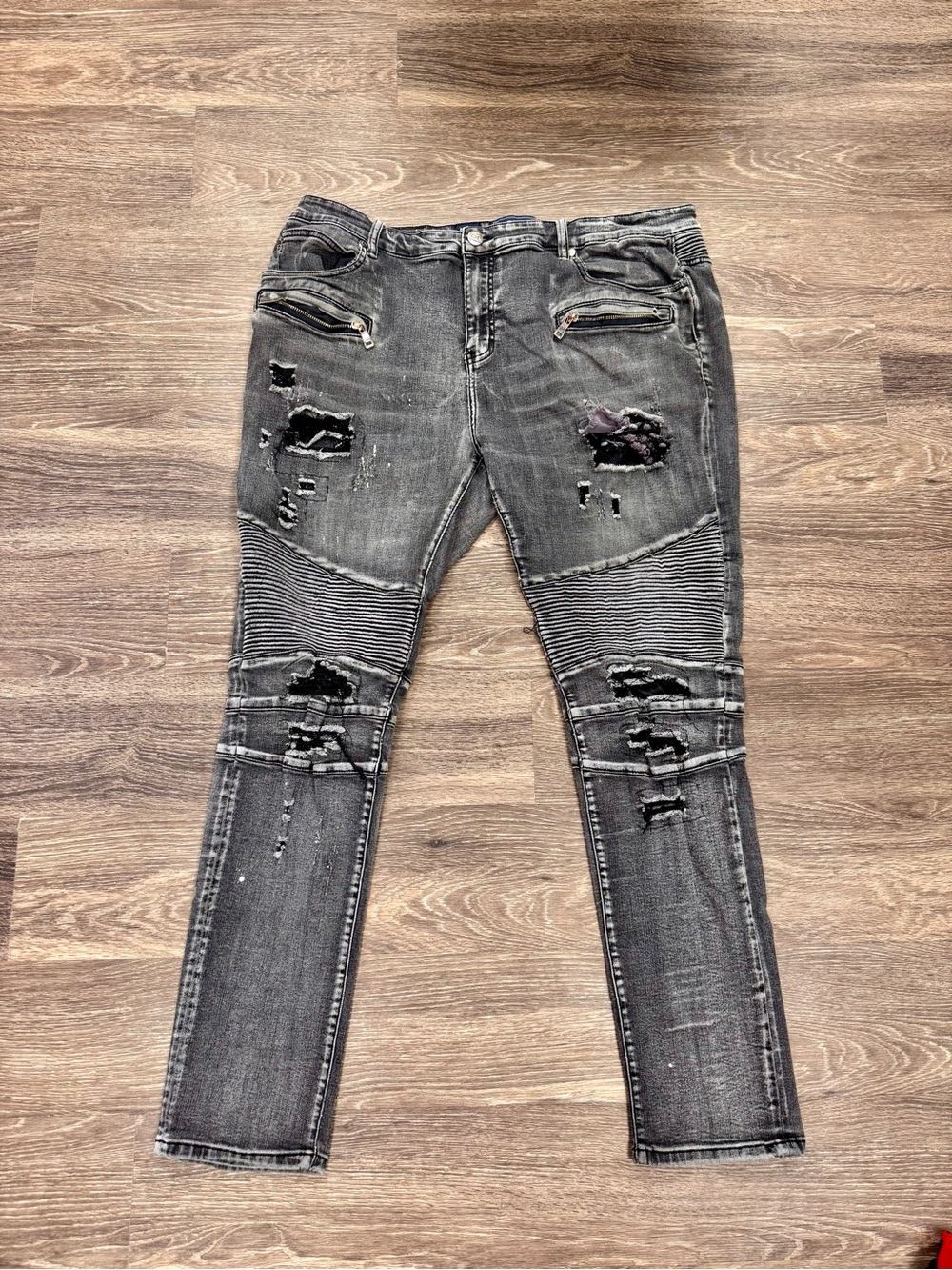 Damati Black Distressed Moto Biker Jeans Mens 42 Stretch Zip Pocket Denim